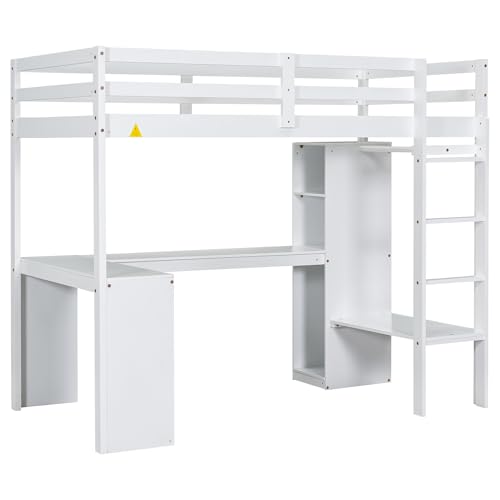 SOFTSEA Full Size Loft Bed with Desk & Wardrobe, Wood Loft Bunk Bed with Storage Shelves and Cabinets