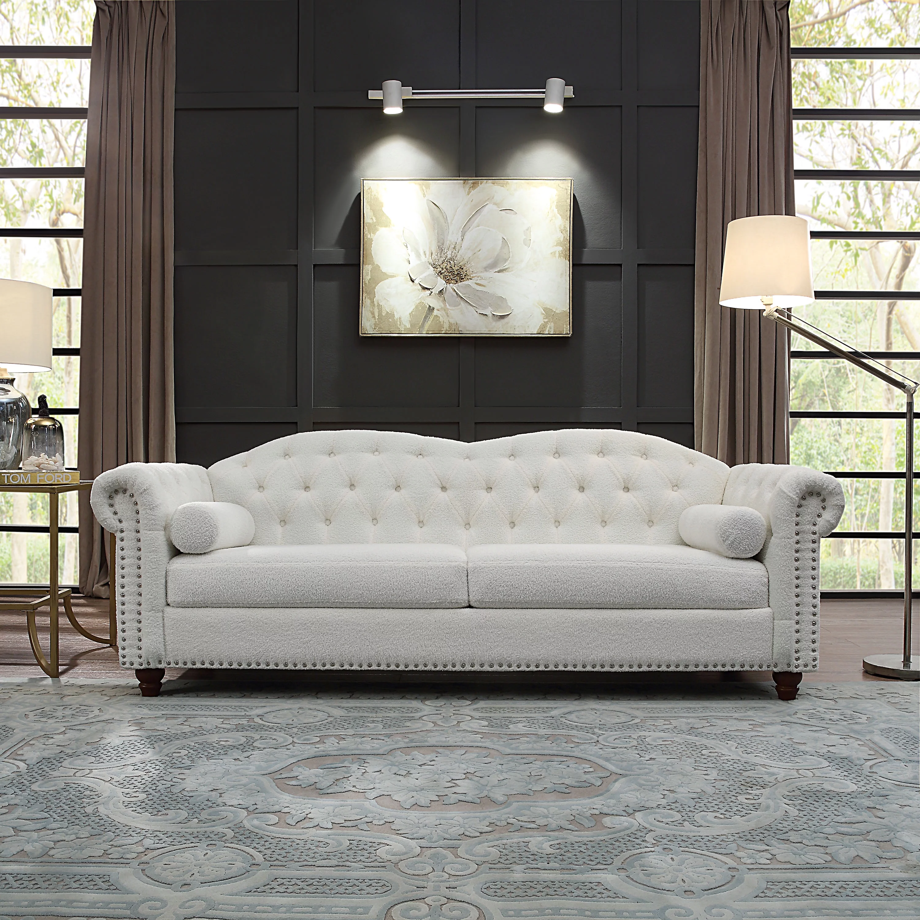 Chesterfield Teddy Velvet Button Tufted Sofa, Upholstered Couch with Nailhead Arms and Rubber Wood Legs for Living Room Office Bedroom
