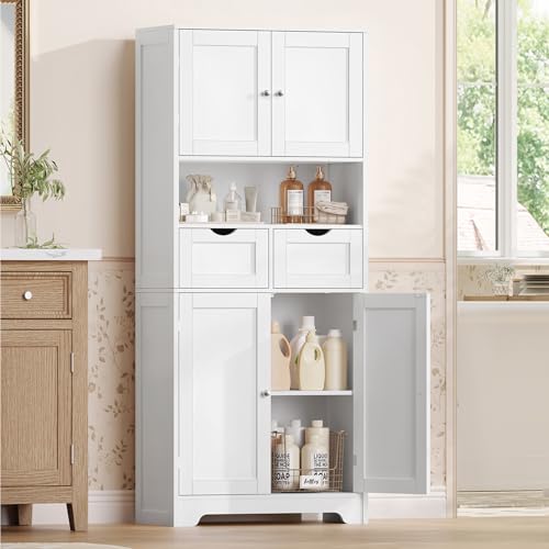 57.8“H Tall Bathroom Cabinet, Storage Cabinet with 2 Drawers & 2 Adjustable Shelves, Bathroom Storage Cabinet with 4 Doors