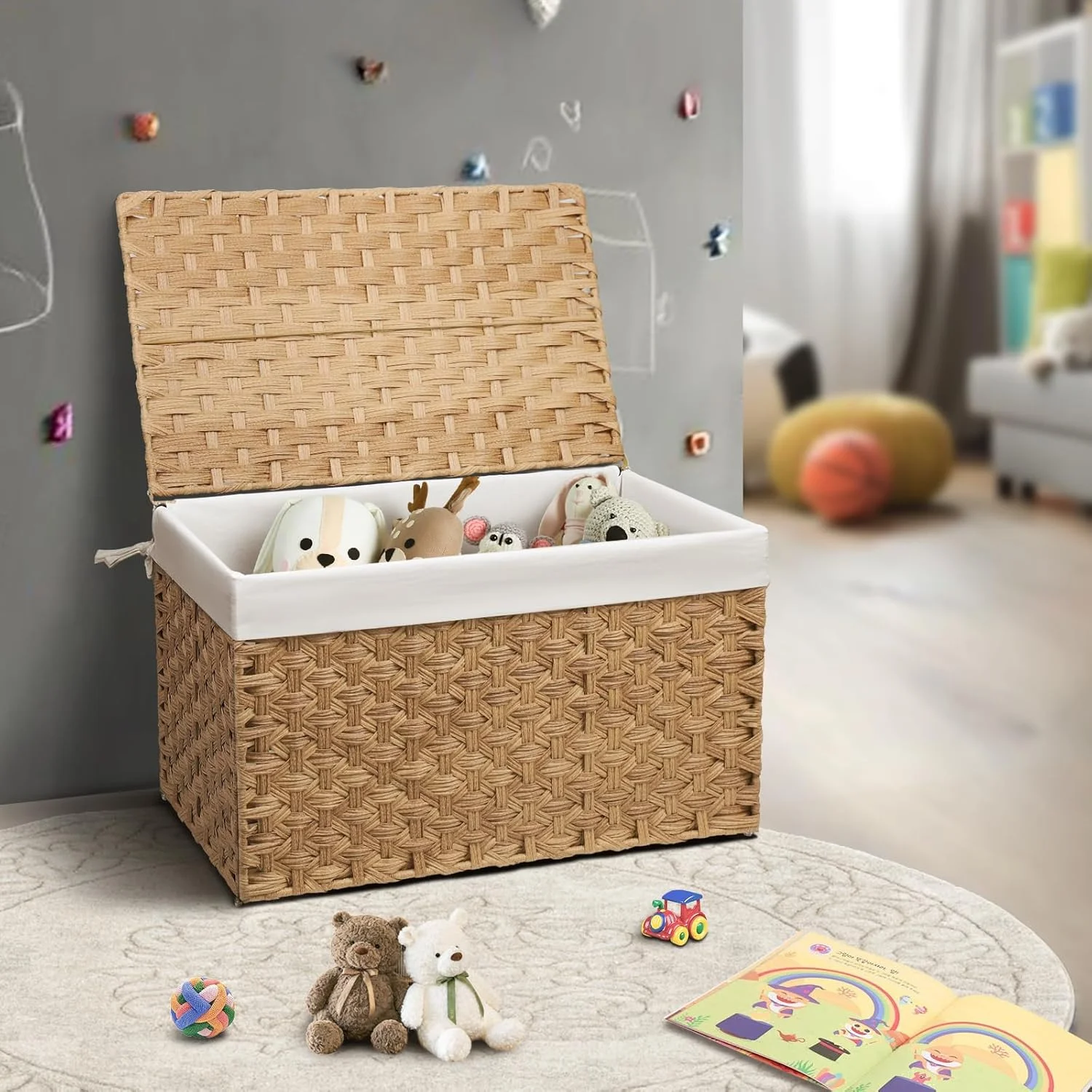 Wicker Storage Basket with Lid, 17.2 Gallon (65L) Small Blanket Basket with Lid, Woven Storage Bin with Handles, Removable Liner, Metal Frame