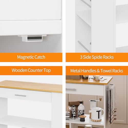 Shintenchi Rolling Kitchen Island Cart with Folding Drop Leaf Breakfast Bar, Portable Trolley Island with Large Storage Cabinet, Shelf and Drawer