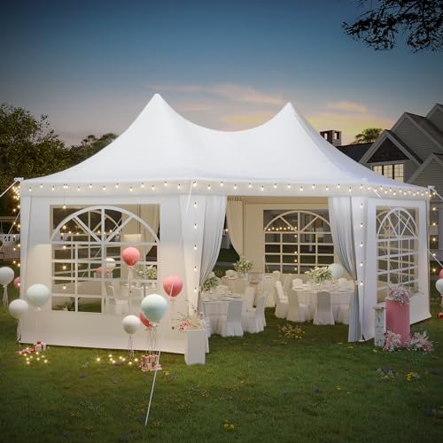 EROMMY 26x19ft Party Tent, White Wedding Tent, Decagonal Heavy Duty Canopy with 8 Removable Sidewalls, 8 Church Windows and 2 Pull-Back Doors