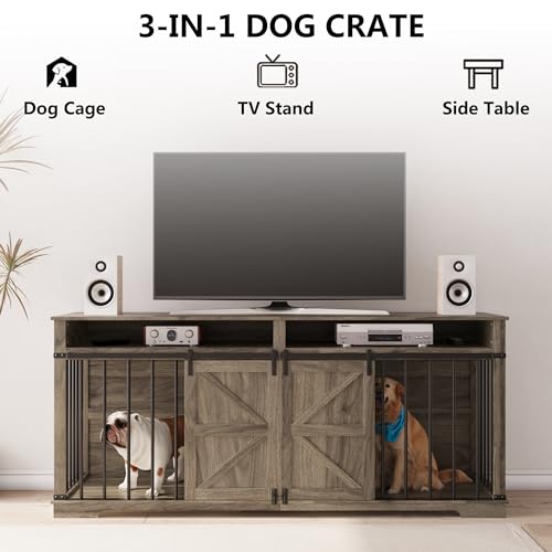 Aoowow Large Double Dog Crate Furniture 72.4" Indoor Dog Kennel with Sliding Barn Door and Divider