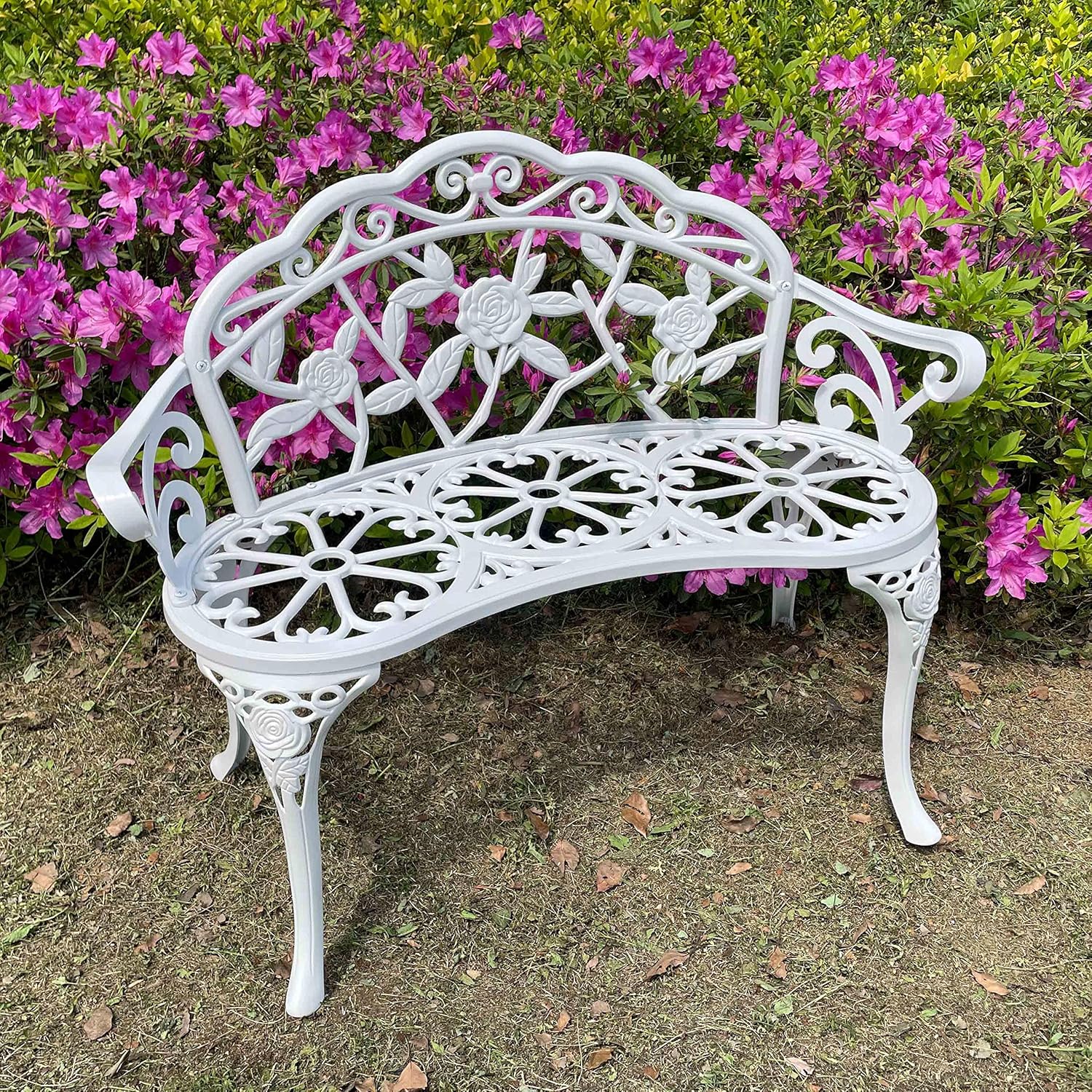 Outdoor Bench Park Garden Bench, All Chair Anti Rust Cast Aluminum Patio Yard Bench Carved Rose Loveseat Bench for Backyard, Porch, Balcony