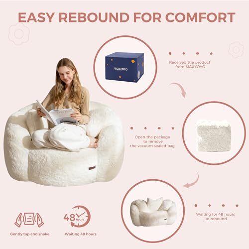 MAXYOYO Bean Bag Chair for Adults, Floral Shaped Bean Bag Sofa, Ultra Soft Faux Fur Floor Sofa, Large Reading Chair for Living Room Bedroom, Beige