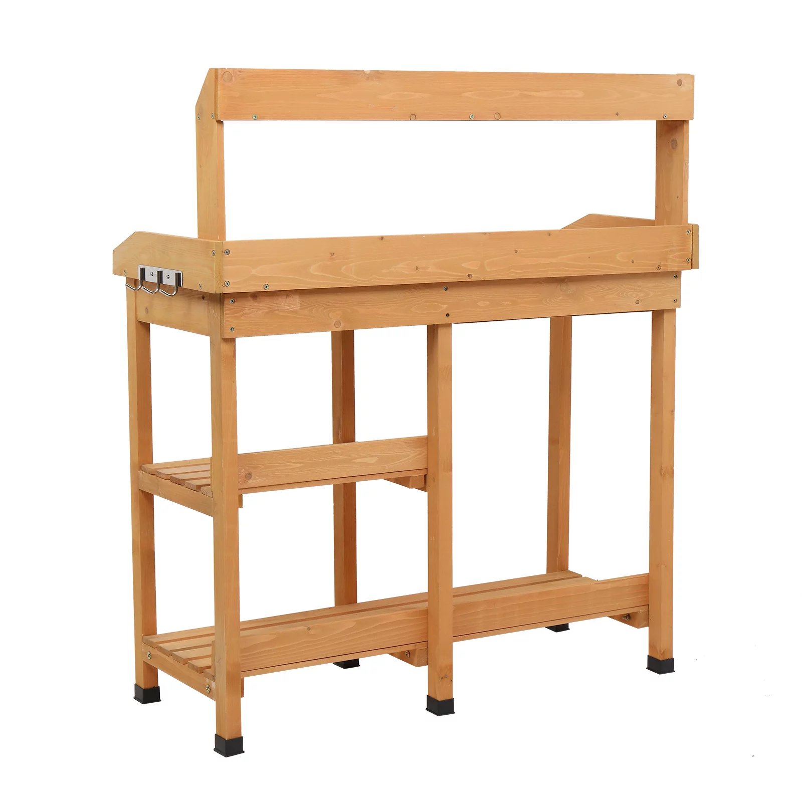 Wooden Potting Bench, Work Station Table, Outdoor Garden Potting Table with Sink, Hooks and Storage Shelf for Garden Supplies, Natural