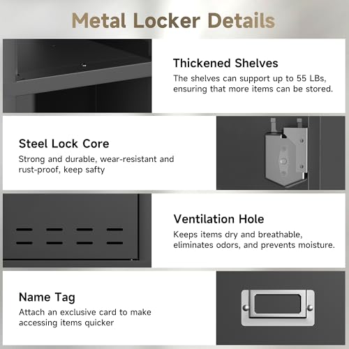 Locker Metal Storage Cabinet, Steel Office Storage Lockable Lockers for Employees Kids School Gym Home Garage Locker with Mirror & Hooks (5 Doors