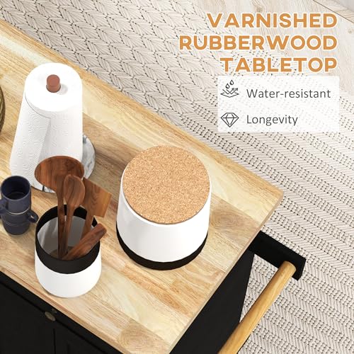 HOMCOM Kitchen Island on Wheels, Rolling Cart with Rubberwood Top, Spice Rack, Towel Rack and Drawers for Dining Room, Navy Blue