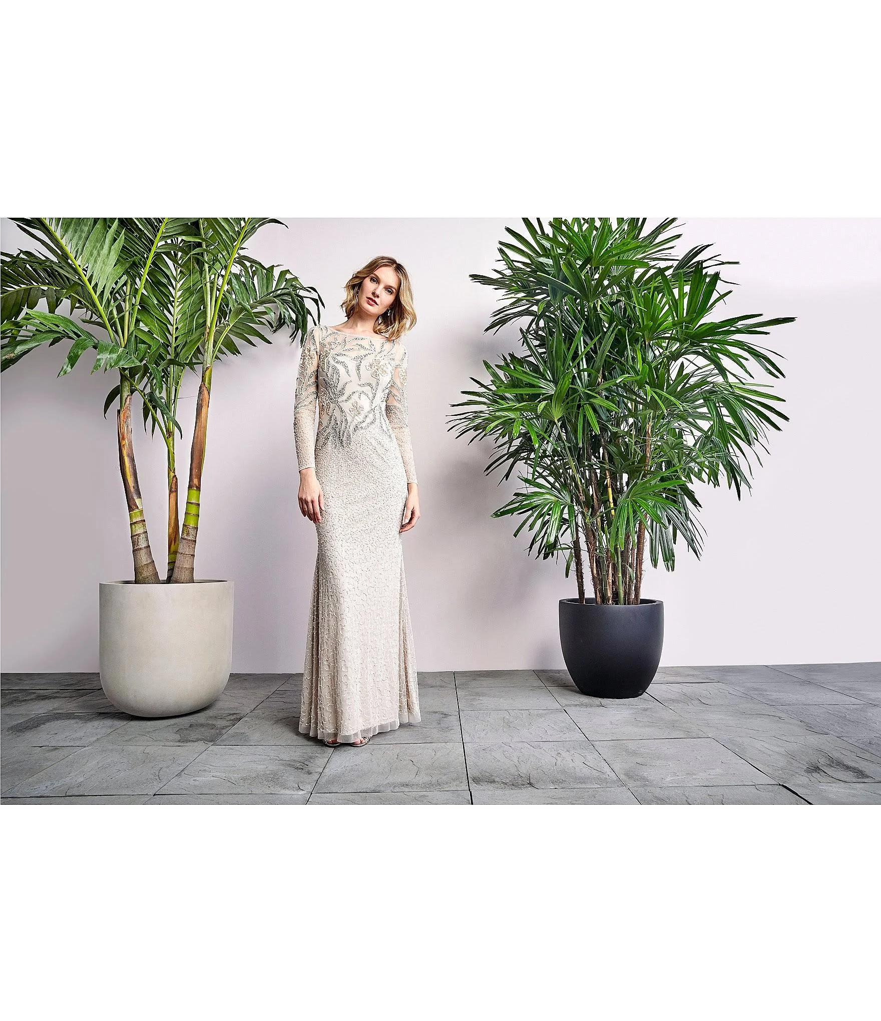 Adrianna Papell Embellished Illusion Gown - Ivory/Silver