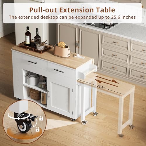 Kitchen Island with Storage on Wheels Drop Leaf Extandable Table Kitchen Island Cart with Drawers Power Outlet