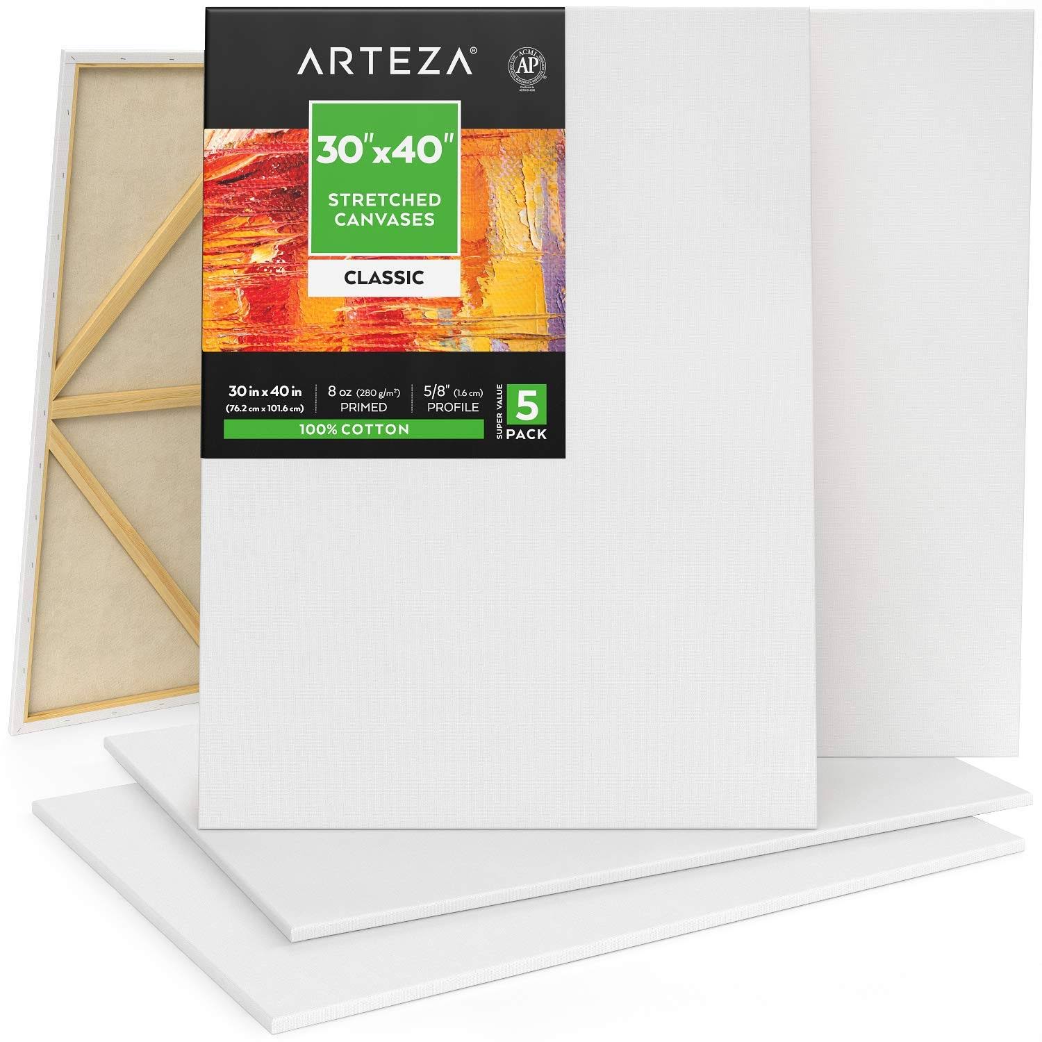 Arteza 30x40x22 Stretched White Blank Canvas, Bulk Pack of 5, Primed, 100% Cotton