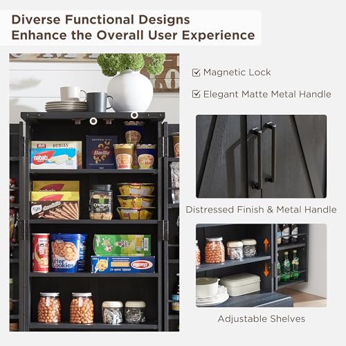72" Tall Kitchen Pantry, Farmhouse Storage Cabinet with Barn Doors, Organizer, Drawer and Adjustable Shelves, Rustic Wood Cupboard for Kitchen
