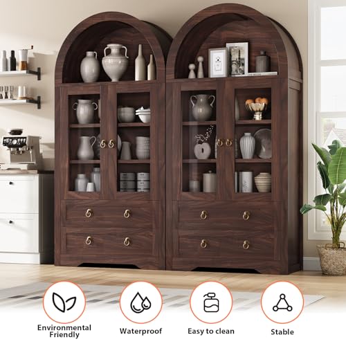 Kitchen Pantry Cabinet, Arched Bookshelf Bookcase China Pantry Storage Cabinet with Drawers Doors and Shelves