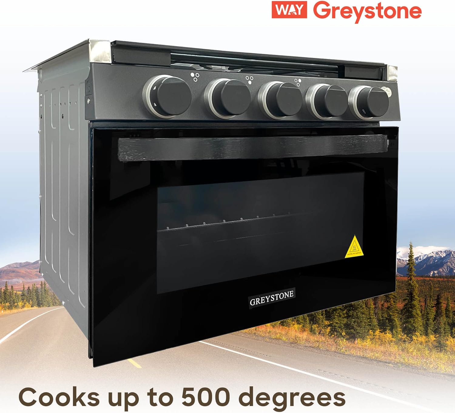Greystone, 21 Inch RV Gas Range, Stove and Oven Combo, 12 Volt, LP, 3 Burners, Stainless Steel Trim with Black Fixtures