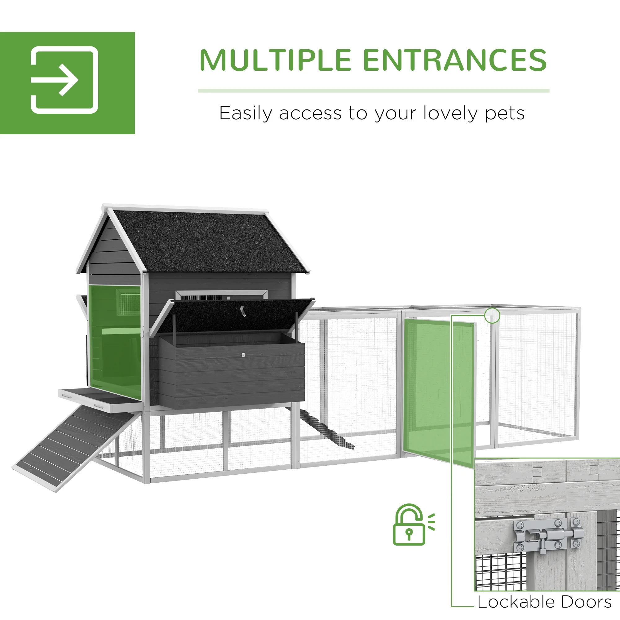 PawHut 137" Wooden Chicken Coop for 8-10 Chickens, Backyard, Gray - Curated Treasures Market