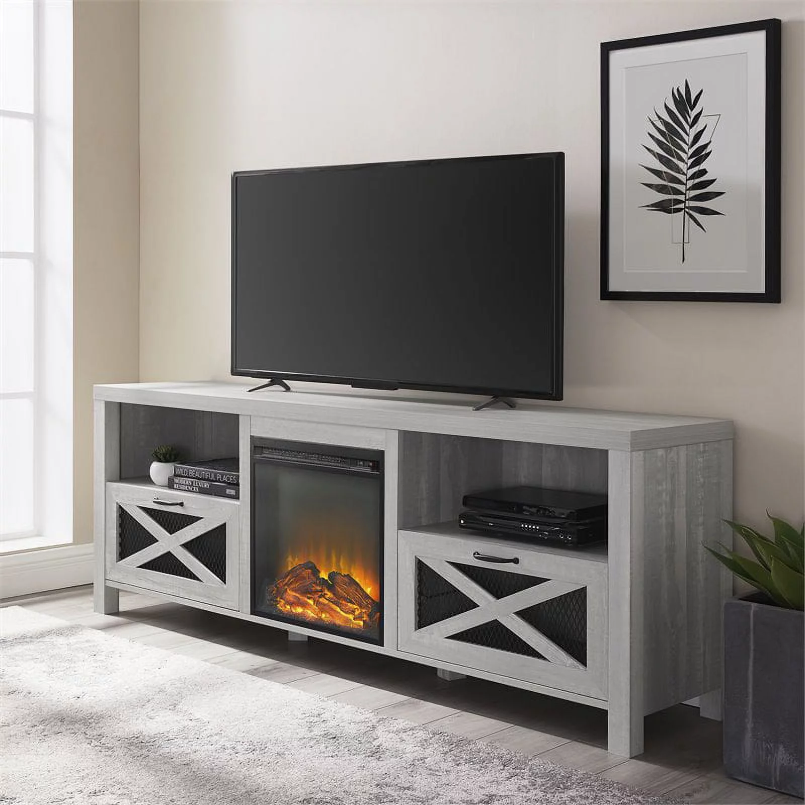 Abilene 70" Rustic Farmhouse Fireplace TV Stand in Stone Gray