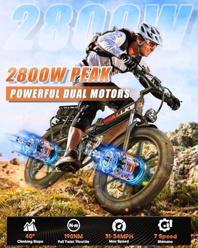 W Wallke Actual 2800W Dual Motor Folding Mountain Electric Bike, 48V 44Ah Battery 170 Mile,26" Fat Tire 35MPH Fast Adult Ebike