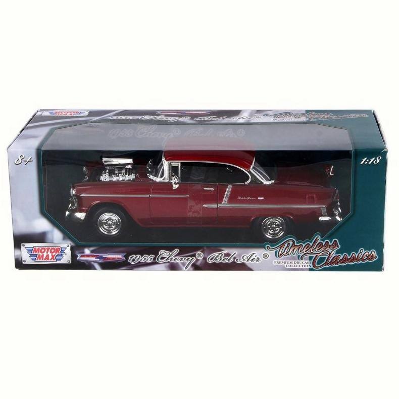 1955 Chevrolet Bel Air Burgundy with Blower Timeless Classics 1/18 Diecast Model Car by Motormax
