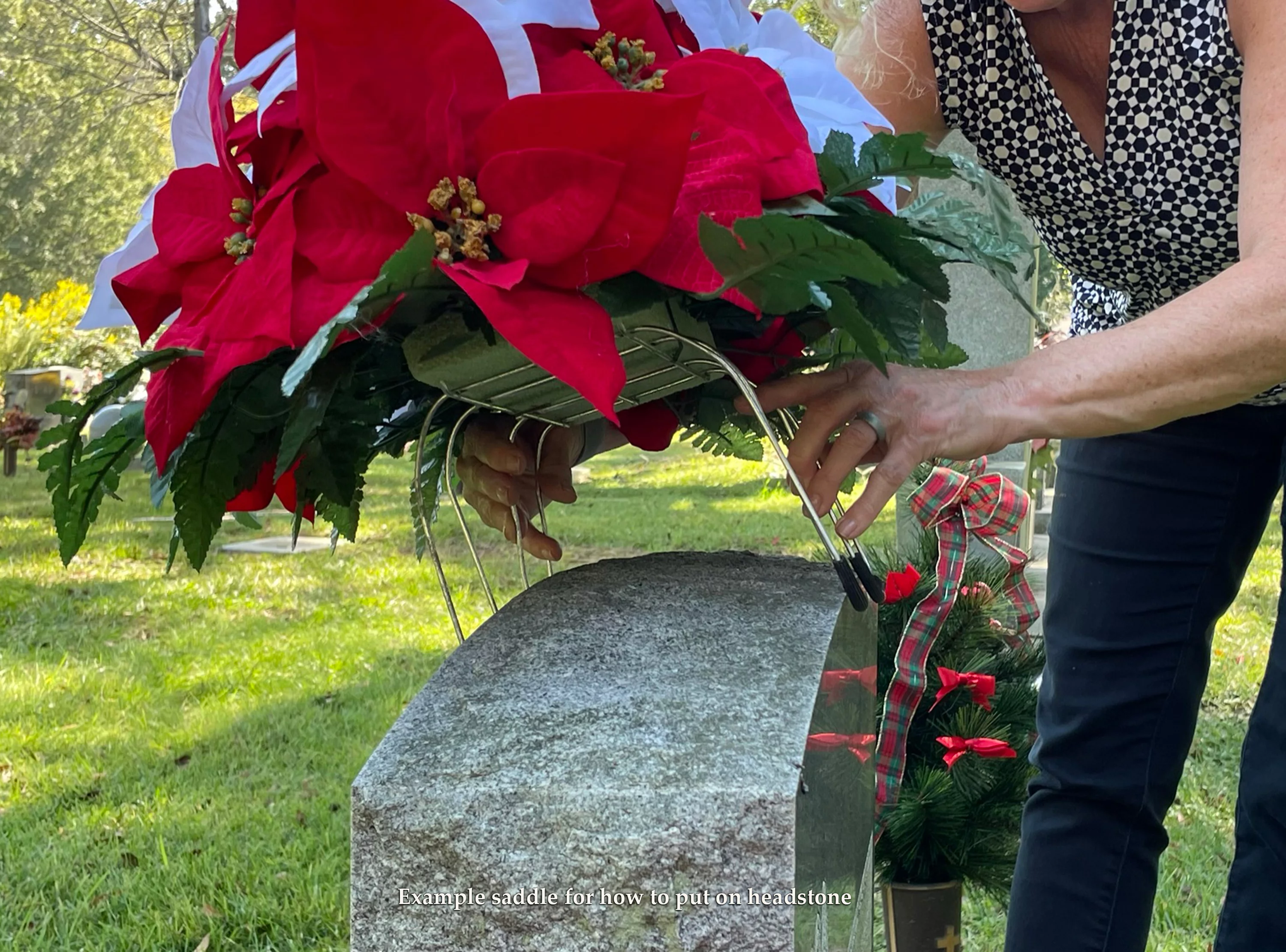Sympathy Silks Artificial Cemetery Flowers 30" White Calla Lily/Daisy & Red Rose cemetery saddle