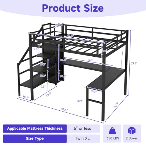 Full Size Metal Loft Bed Heavy-Duty Loft Bed Frame, LED Loft Bed Frame with L Shaped Desk, Wardrobe, Storage Stairs