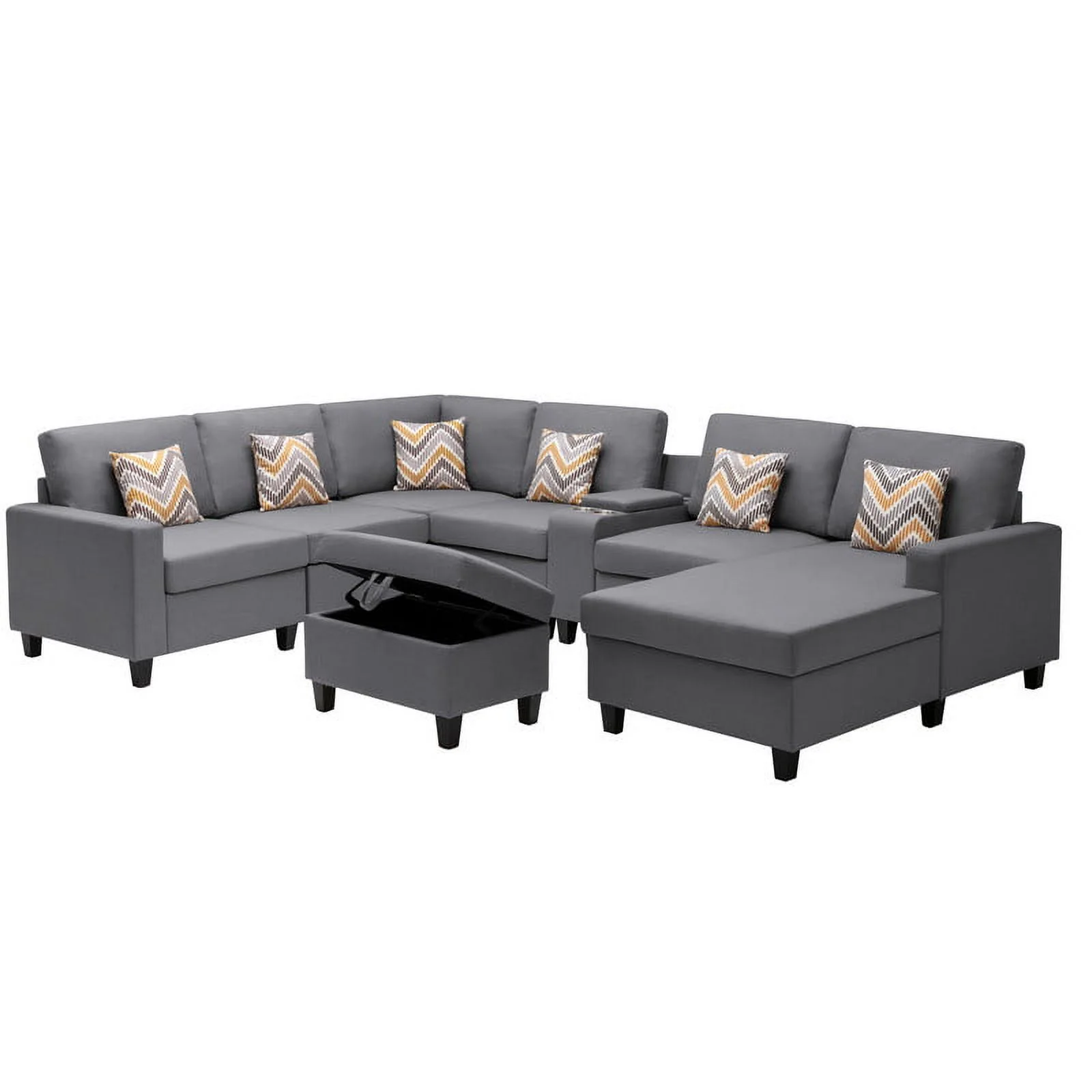 Nolan Gray Linen Fabric 8PcReversible Chaise Sectional USB Port Storage Console