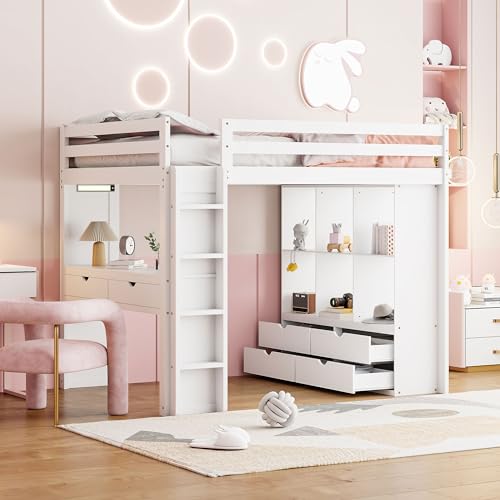 Full Size Loft Bed with Desk & Wardrobe, Solid Wood Kids Loft Bedframe w/3 Storage Drawers & 2 Shelves, Maximum Space Design, for Bedroom, Dorm, Gray