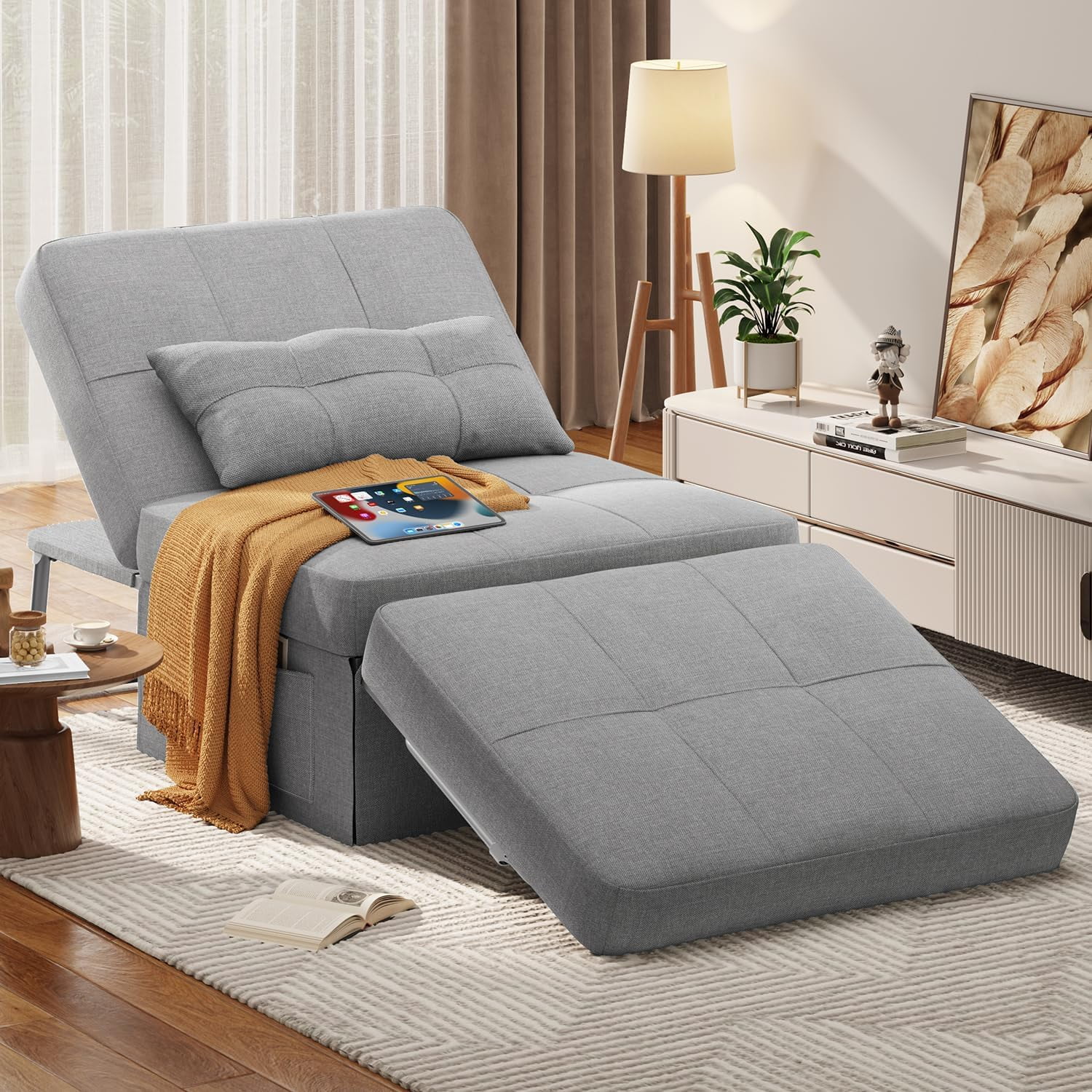 4 in 1 Sofa Bed, Sleeper Chair Bed Convertible Chair, Assembly-Free Sofa Chair Bed with Adjustable Backrest Breathable Linen