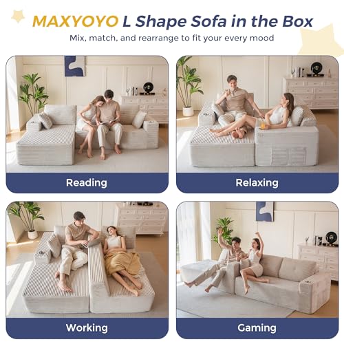 MAXYOYO 110" Modular Sectional Couch with L-Shape Chaise, Modern Boneless Couch for Living Room, Sofa in A Box, Oversized Sofa Sleeper with Deep Seat