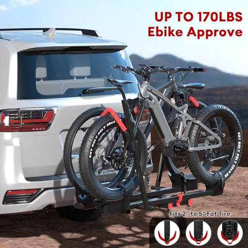 Hitch 2 EBike Rack with Ramp, 170lbs Capacity Foldable Electric Bike Carrier for 2 Heavy Ebike, Up to 5" Fat Tire Bicycle for 2" Receiver for Car