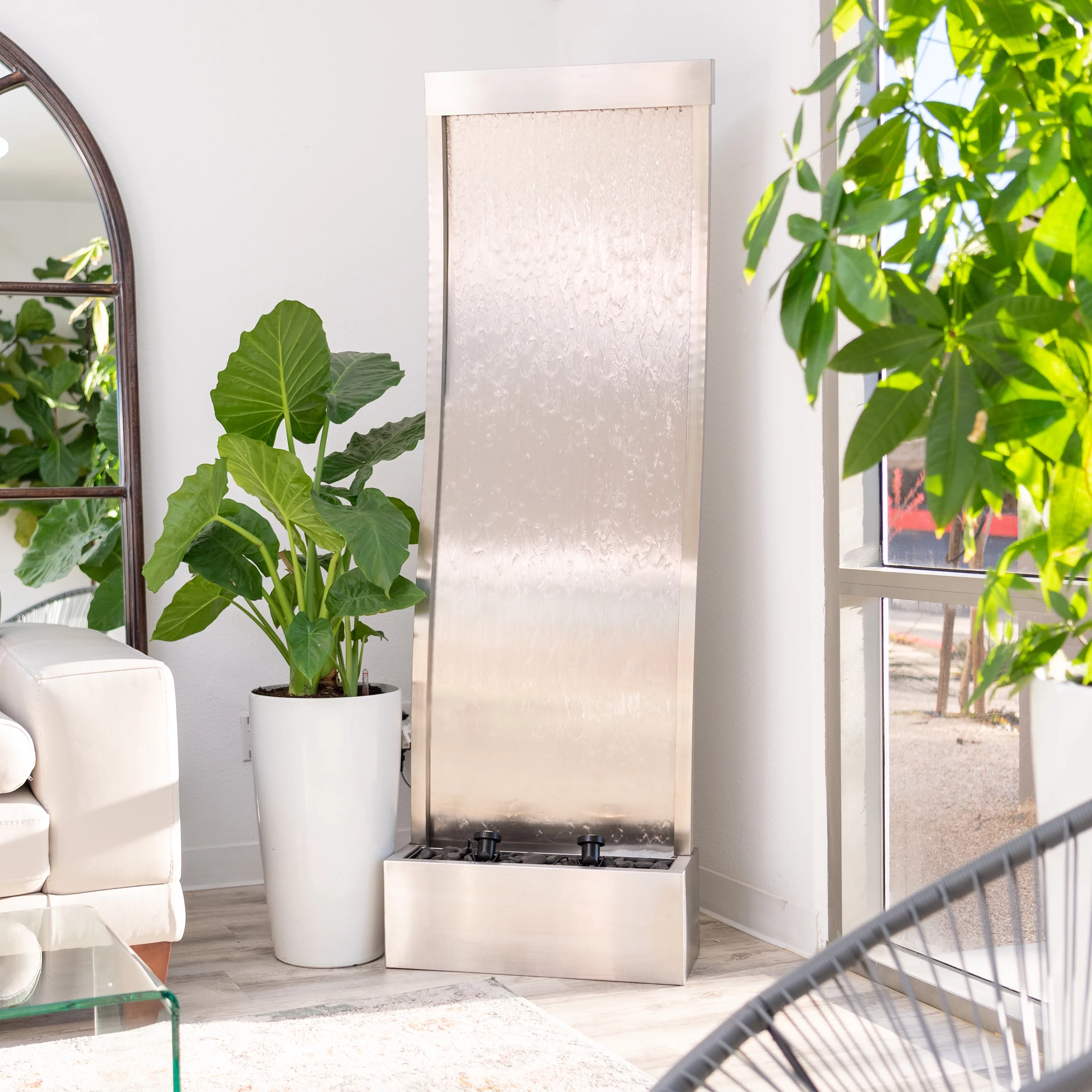 XBrand 72" Steel/Glass Free-Standing Mirror Waterfall Fountain w/ Pump, LED Lights and Rocks, Modern Mirror Fountain, Home and Garden D&eacute;cor