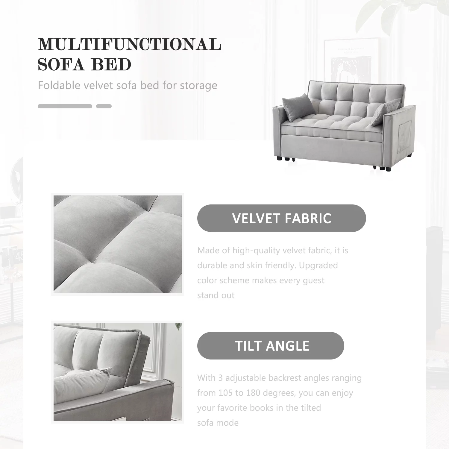 Tzicr 55.5'' 3-in-1 Convertible Sleeper Sofa Bed, Modern Velvet Loveseat Futon Couch Pullout Bed with Adjustable Backrest