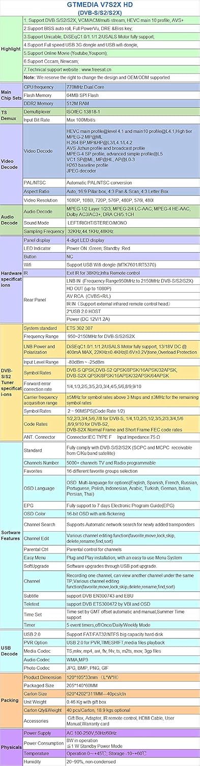 [2021 Newest] vlogdeals GTMEDIA V7S2X HD 1080P FTA DVB-S2X H.265 HEVC 8bit Free to air Digital Satellite TV Receiver with USB WiFi Antenna Support