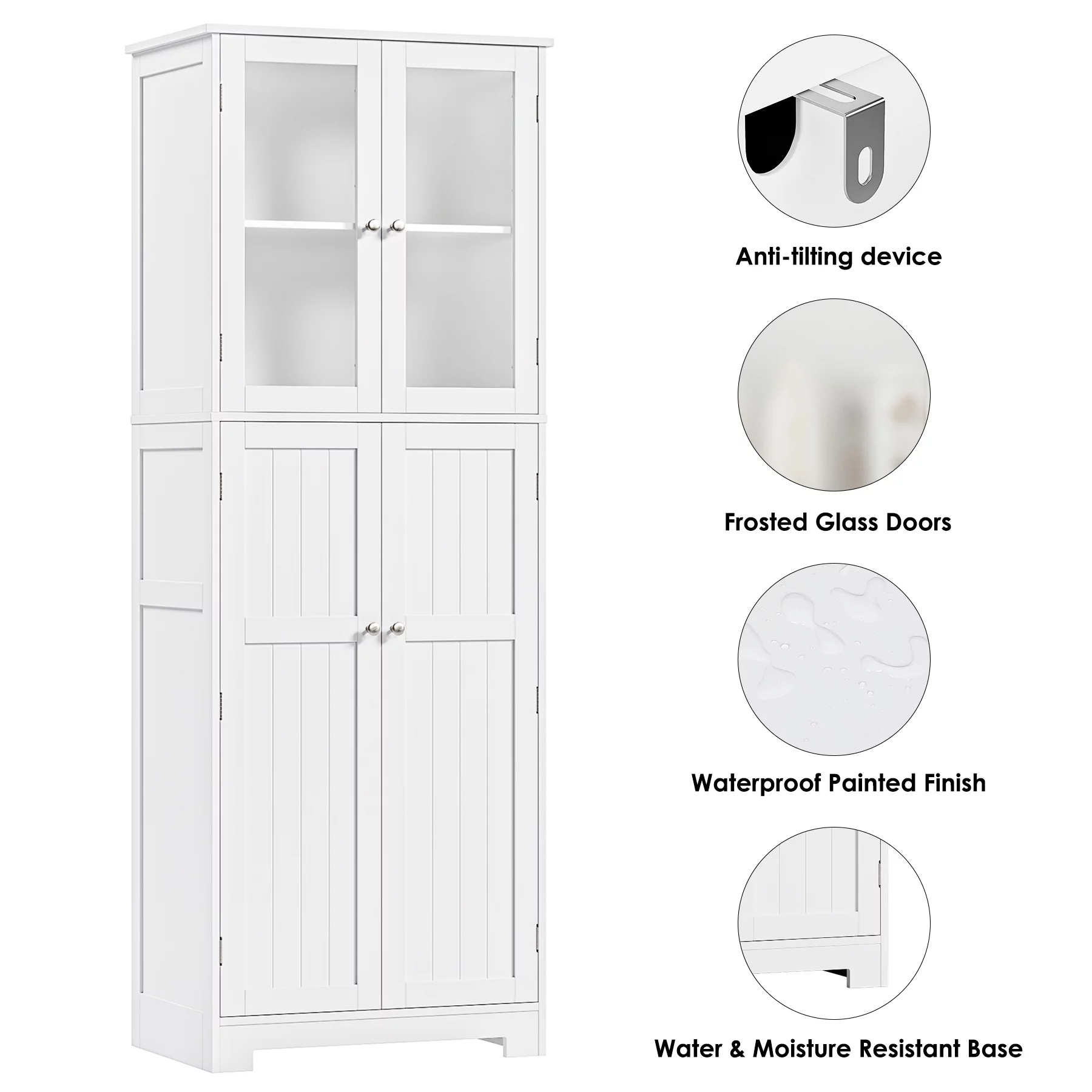Homfa Farmhouse Kitchen Pantry Cabinet,  67'' Food Storage Cabinet with Frosted Glass Doors for Dining Room, White