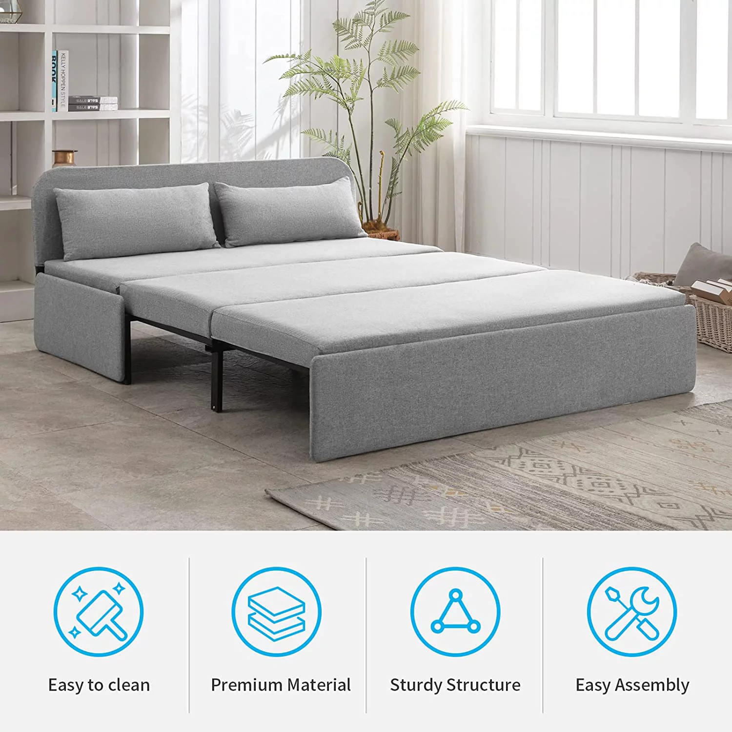 Mjkone Queen Size Convertible Sofa Bed, Modern Pull Out Linen Sleeper Sofa Couch
