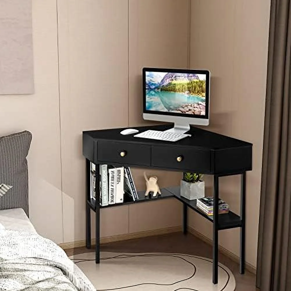 CHNJHUM Corner Desk with Drawers  90 Degrees Triangle Desk w/ Shelves and Metal Frame  Corner Writing Desk  Corner  Vanity Table  Small Corner Desks