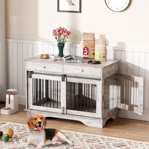 Dog Furniture Crate, 47" Large Dog Crate Furniture w/ 2 Storage Draws & Removable Divider for Large/Medium/Small Dogs (Grey, One Cage)