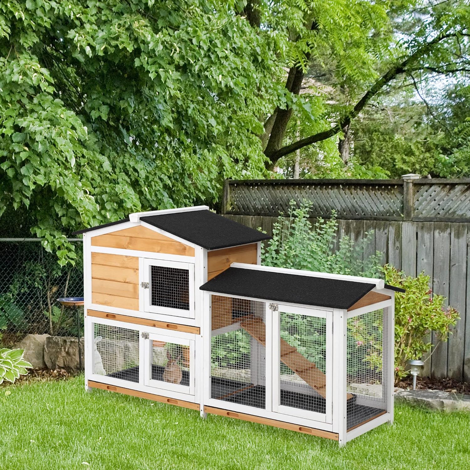 2-Story Rabbit Hutch Wooden Bunny Hutch Cage Small Animal House with Ramp, No Leak Tray, Weatherproof Roof and Outdoor Run, Indoor/Outdoor, Yellow