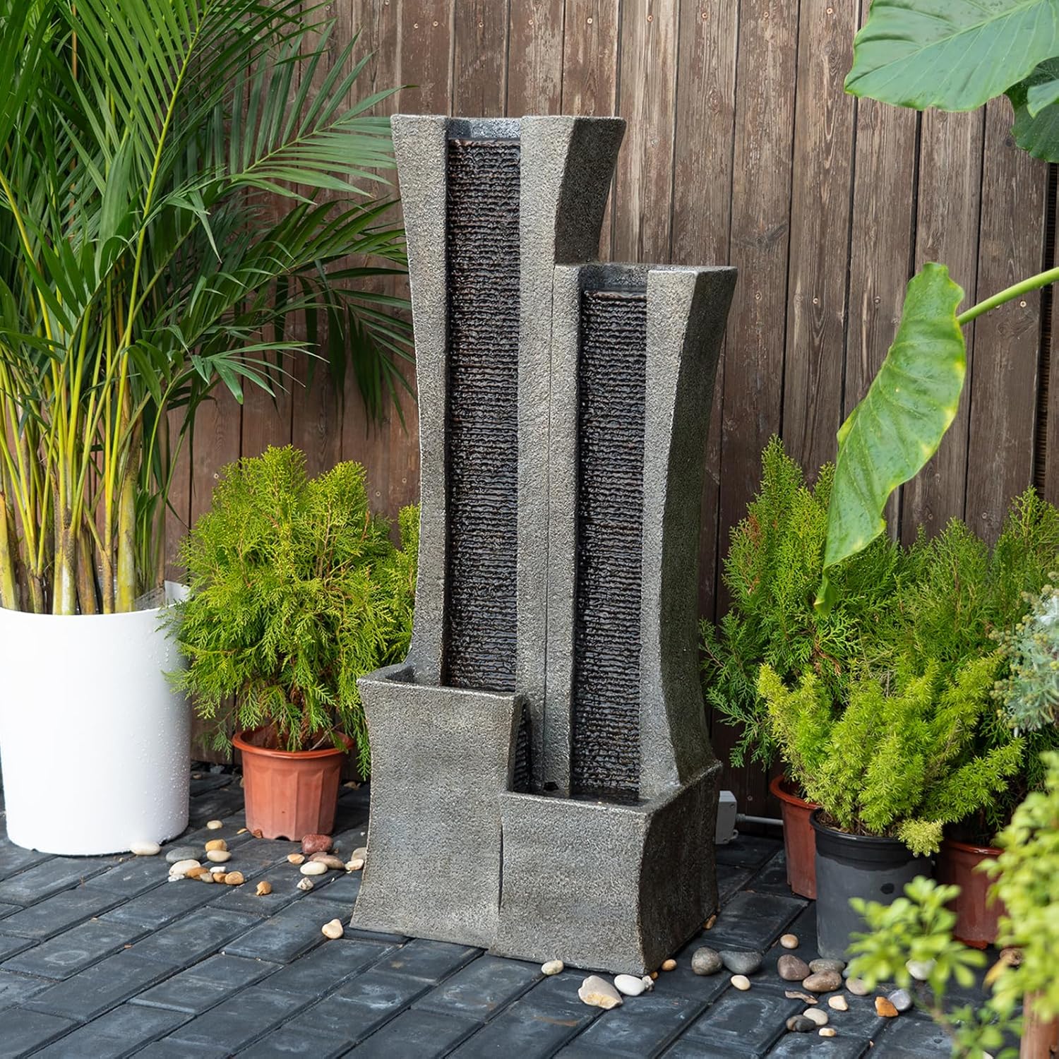 Modern Outdoor Water Fountain Indoor Cascading Floor-Standing Fountains with Led Lights 2-Curved Column Garden Waterfall for Backyard Patio Porch