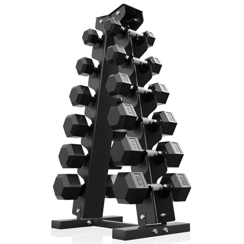 PAPABABE Hex Dumbbell Sets with Rack, 60-550lb Rubber Coated Dumbbell Weight Set and Storage Rack, Multiple Options Hand Weights for Strength Training