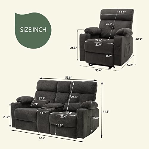 Recliner Sofa Set for Living Room, 2 Pieces Recliner Furniture Sofa Set, Power Reclining Sofa and Recliner, Reclining Living Room Set