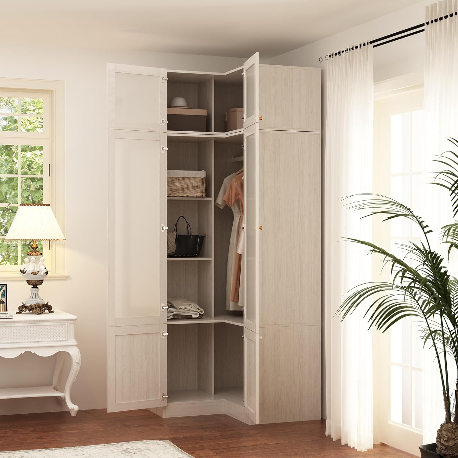 Homsee L-Shape Armoire Wardrobe Closet with Frosted Glass Doors, Hanging Bar & Shelves, Wooden Closet Storage Cabinet with Top Cabinet for Bedroom