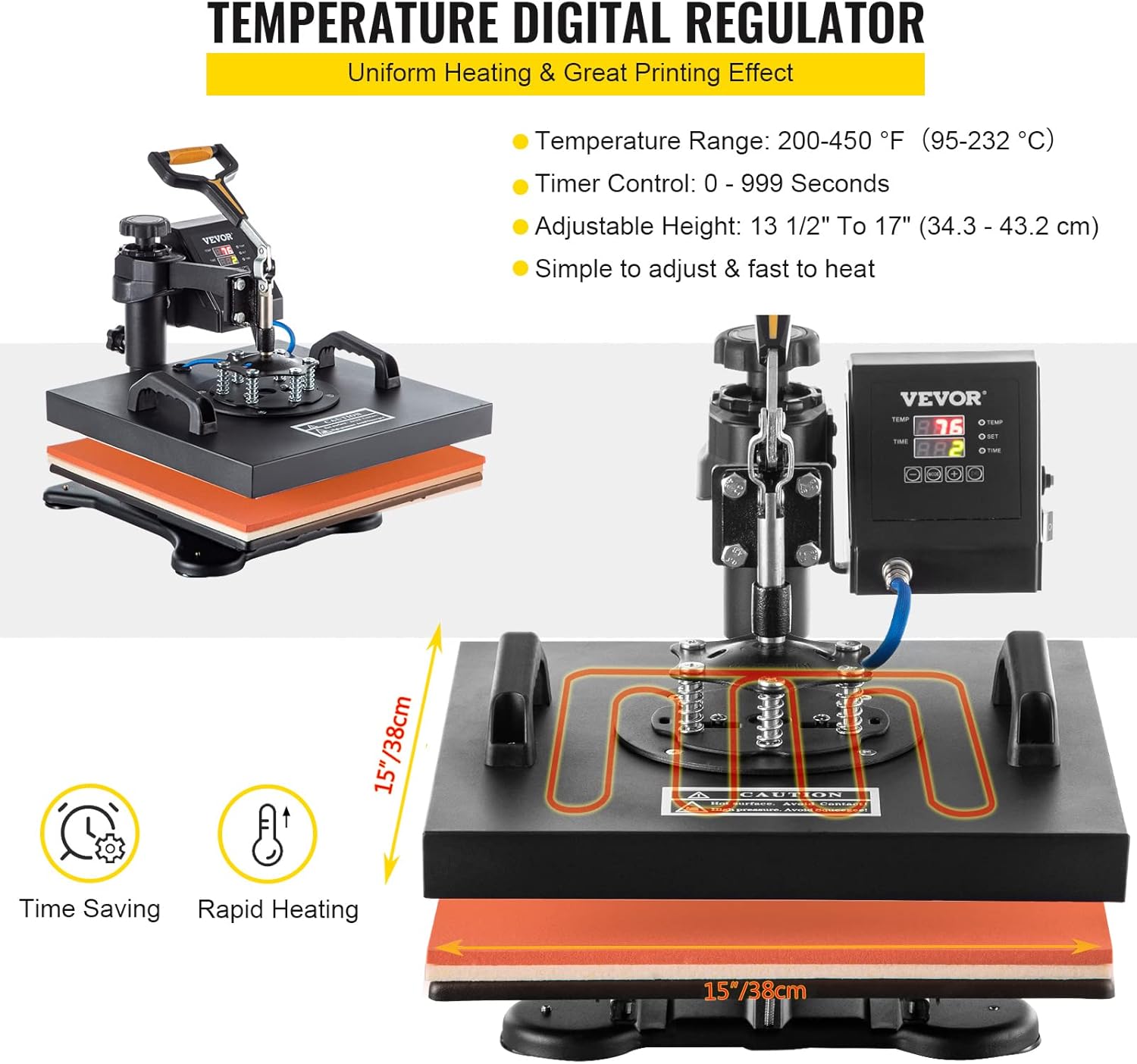 VEVOR Heat Press Machine, 15x15 Inch, 5 in 1 Combo Swing Away T-Shirt Sublimation Transfer Printer with Teflon Coated, Precise Heat Control
