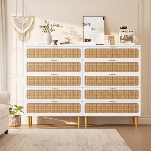 Rattan 5 Drawer Dressers for Bedroom, Tall Dresser with Deep Drawers, Large Chest of Drawers for Closet with Wide Top