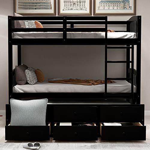Harper & Bright Designs Twin Over Twin Bunk Bed with Storage Drawers, Solid Wood Bunk Bed Frame with Trundle, for Kids, Teens, Adults (Espresso)