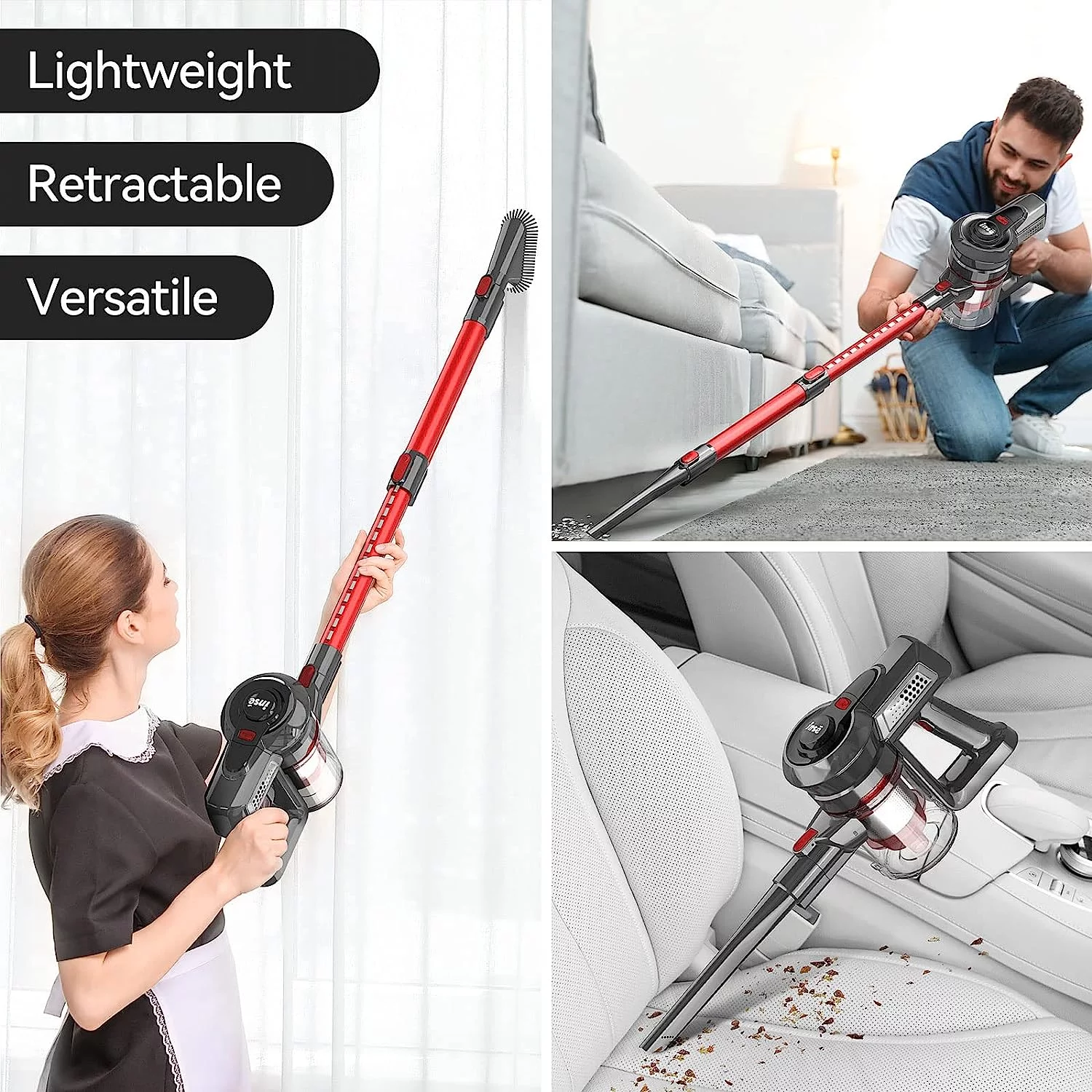INSE N6 Vacuum Cleaner 160W Rechargeable Cordless Stick Vacuum, up to 45 minutes for Home Hard Floor Carpet Pet Hair, Red