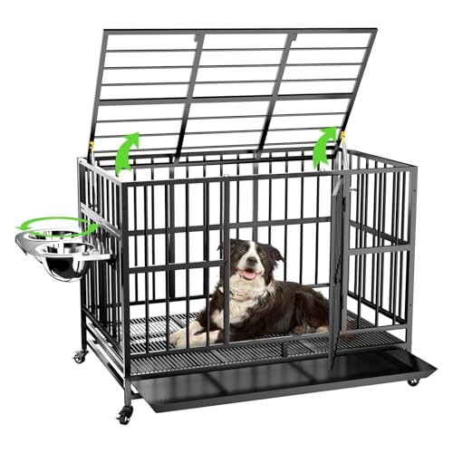 LOVMOR 48" Heavy-Duty Dog Crate with Wheels, Air-Lift Top, Dual 360° Adjustable Bowls – Ideal for Large Dogs