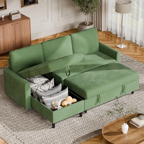 Vongrasig Convertible Sleeper Sofa, Pull Out Couch with Storage, 77" L-Shaped Sofa Bed with Storage Chaise Corduroy Fabric for Living Room, Apartment