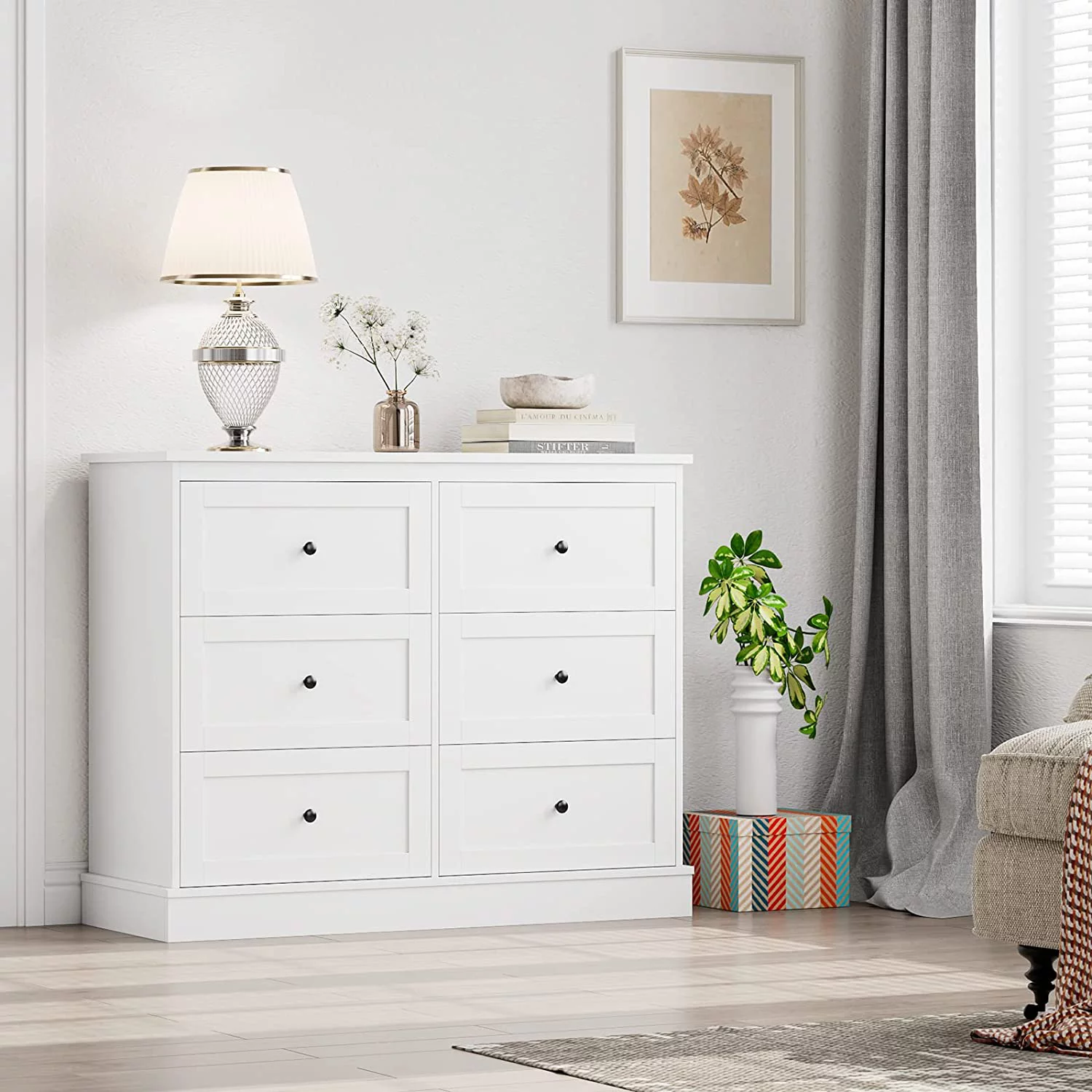 White Dresser  6 Drawer Dresser White   Double Chest with Deep Drawers  Wide  Organizer Cabinet for Living Room