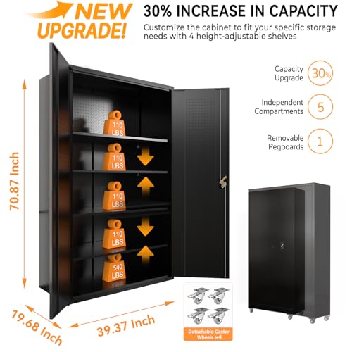 Upgraded Tall & Wide Metal Storage Cabinet with Doors & 4 Adjustable Shelves | Heavy-Duty Black Lockable Garage Cabinet with Wheels & Pegboard for