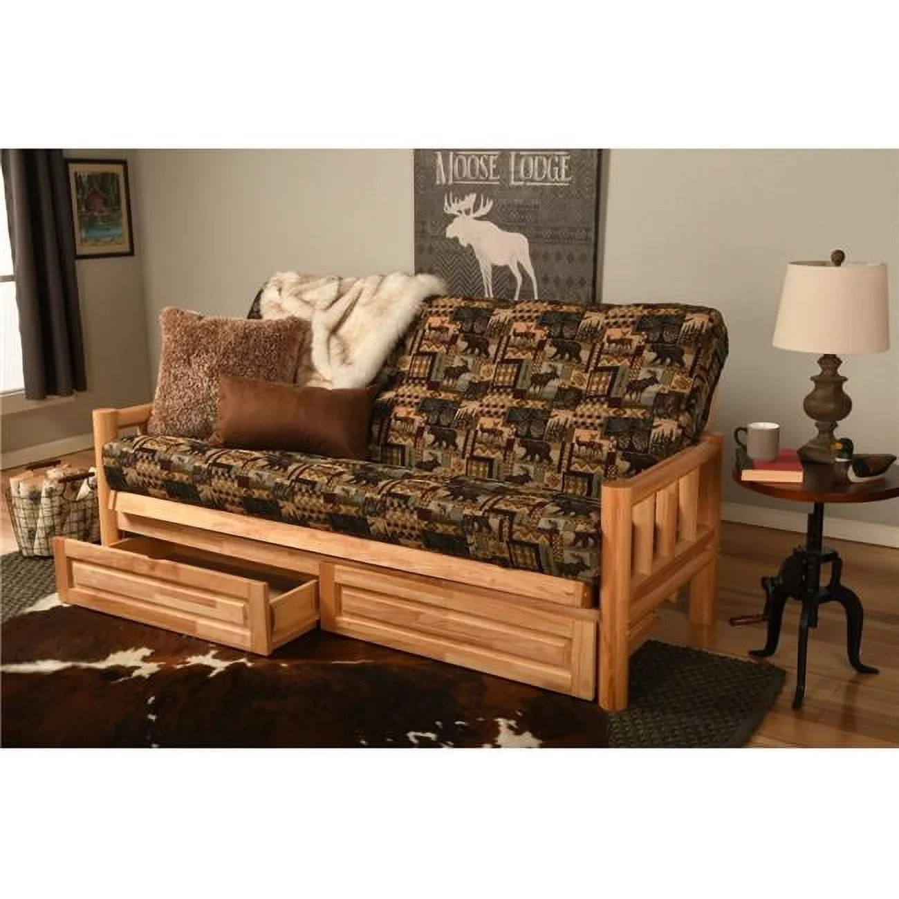 Lodge Natural Futon Frame with Peters Cabin Mattress & Storage Drawers - Full Size